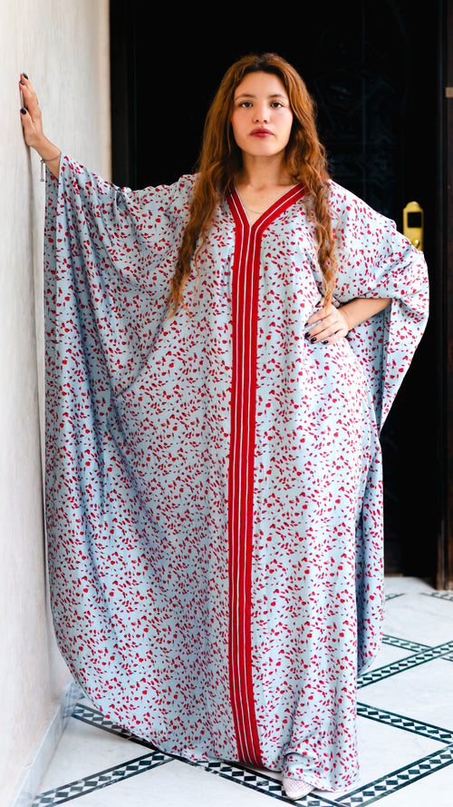 Caftan Papillon Marocain – Bleu Ciel & Pois Rouges